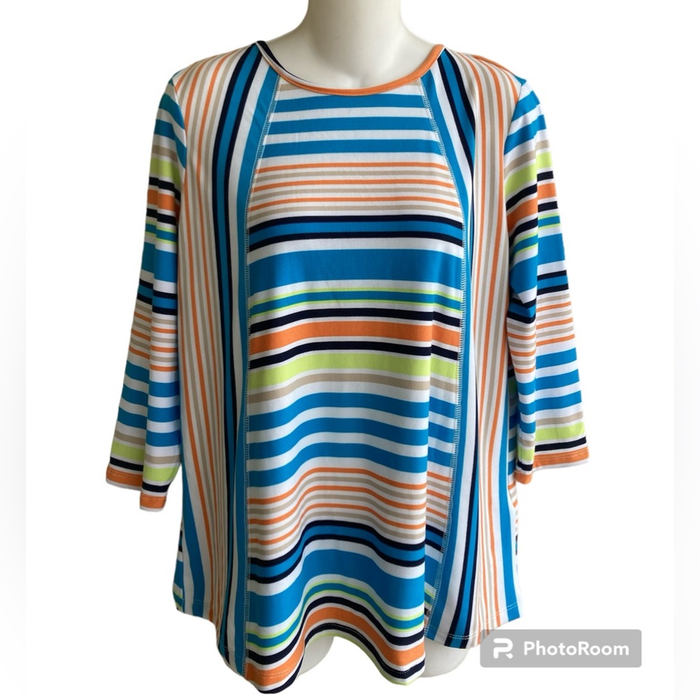 Ruby Rd. White Multi Strped Knit Top 3/4 Length Sleeve Ladies PM Super Soft NWT